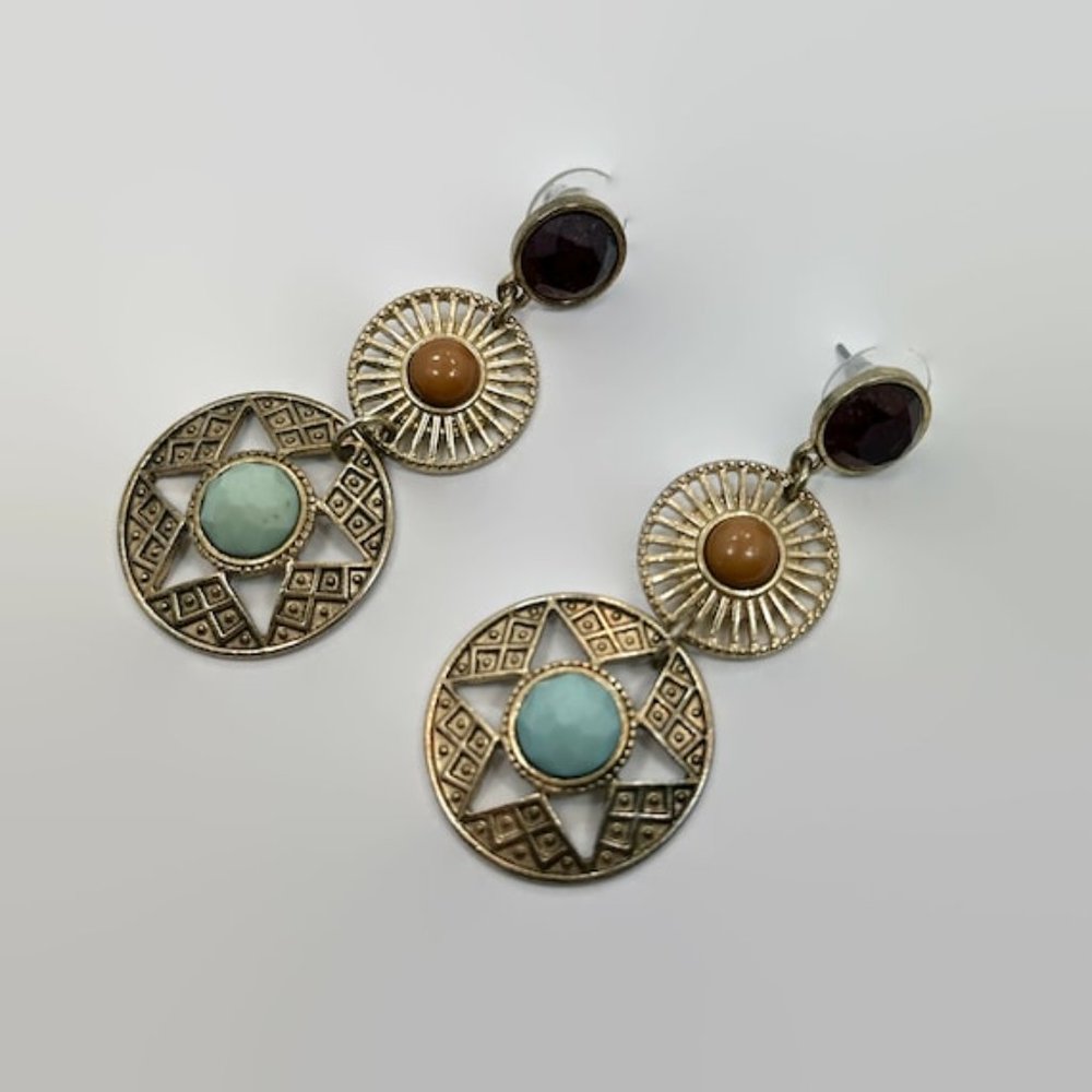 Boho Earrings, Antiqued Gold Tone, Southwestern, 2 1/2" Long, Unique - Picture 2 of 3